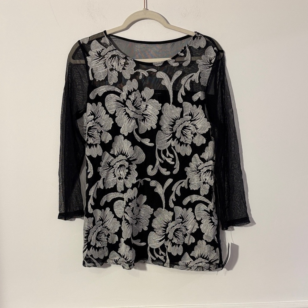 INC International Concepts Black Mesh Tunic with Silver Floral Appliqué